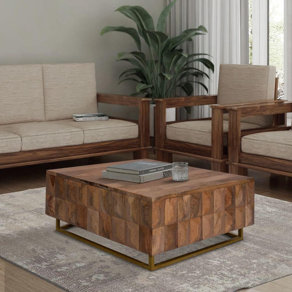 Farmhouse Chic 33" Mango Wood & Brass Lift-Top Storage Trunk Coffee Table