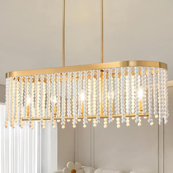 39 in. 5-Light Gold Rustic Rectangular Adjustable Boho White Wood Beaded Linear Chandelier Light For Kitchen Island