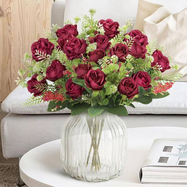LIVING LUXURY 12 in. Petite Burgundy Red Artificial Rose Flower