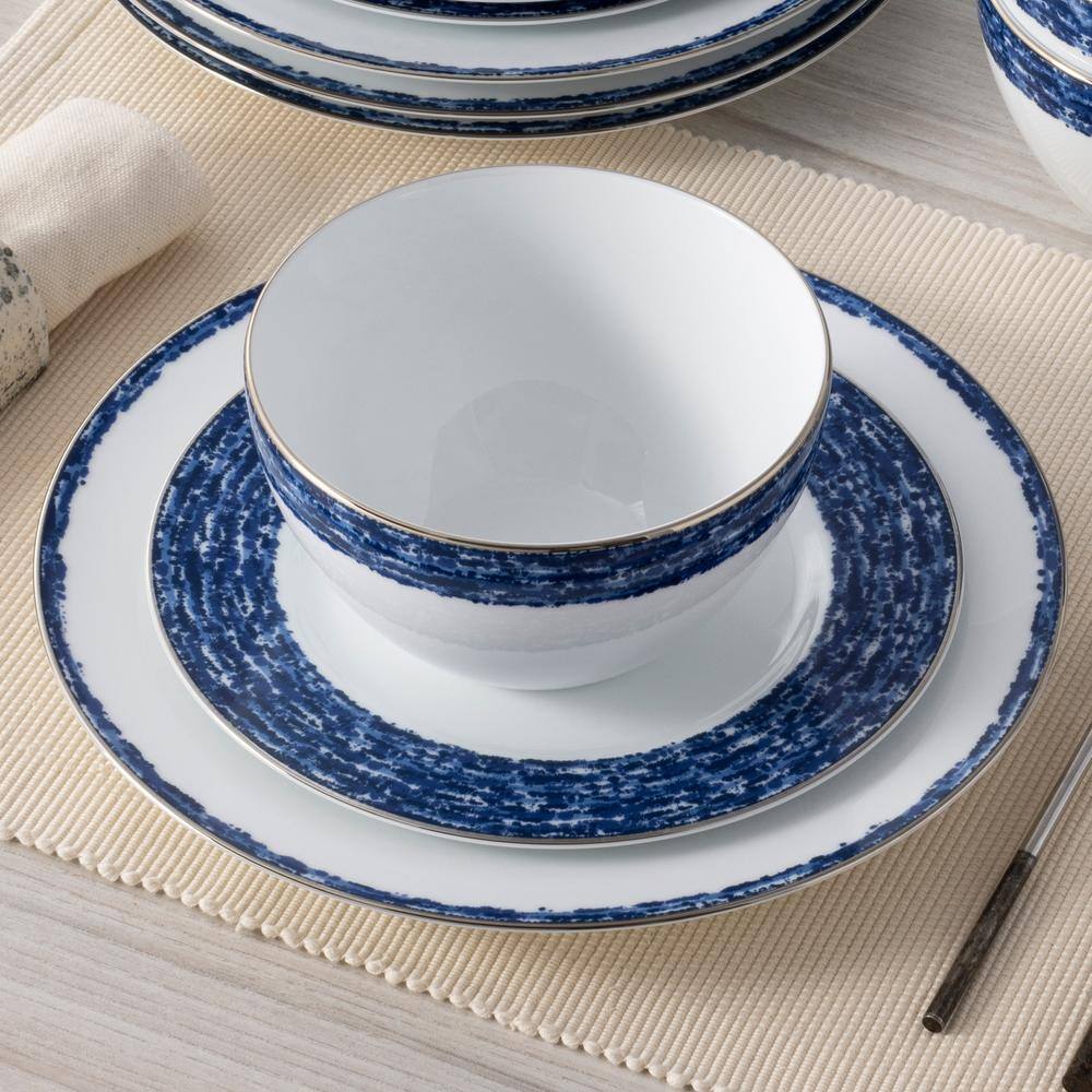 Blue and White Porcelain Salad Plates with Metallic Band, Set of 4
