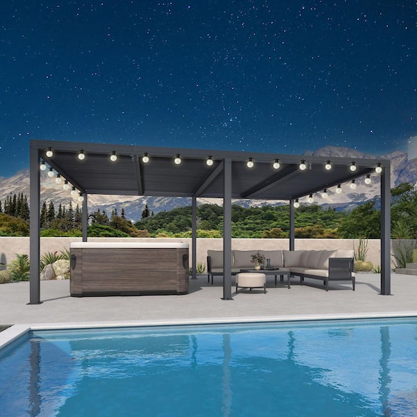 12 ft. x 20 ft. Gray Aluminum Frame Outdoor Louvered Pergola with Adjustable Sunshade Roof and Solar String Lights