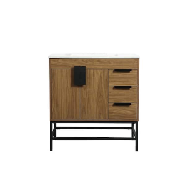 Unbranded Timeless Home 32 in. W x 22 in. D x 33.5 in. H Bath Vanity in Walnut Brown with Ivory White Engineered Stone Top