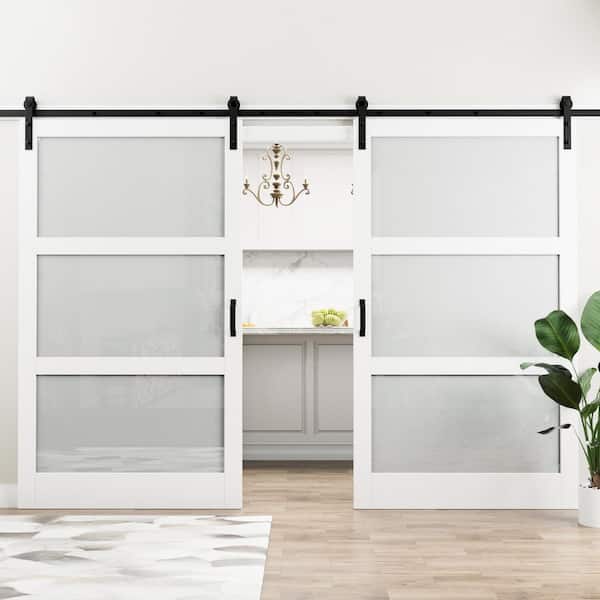 EH PUERTA 96 in. x 84 in. 3-Lite Tempered Frosted Glass White Finished Composite MDF Sliding Barn Door Slab with Hardware Kit