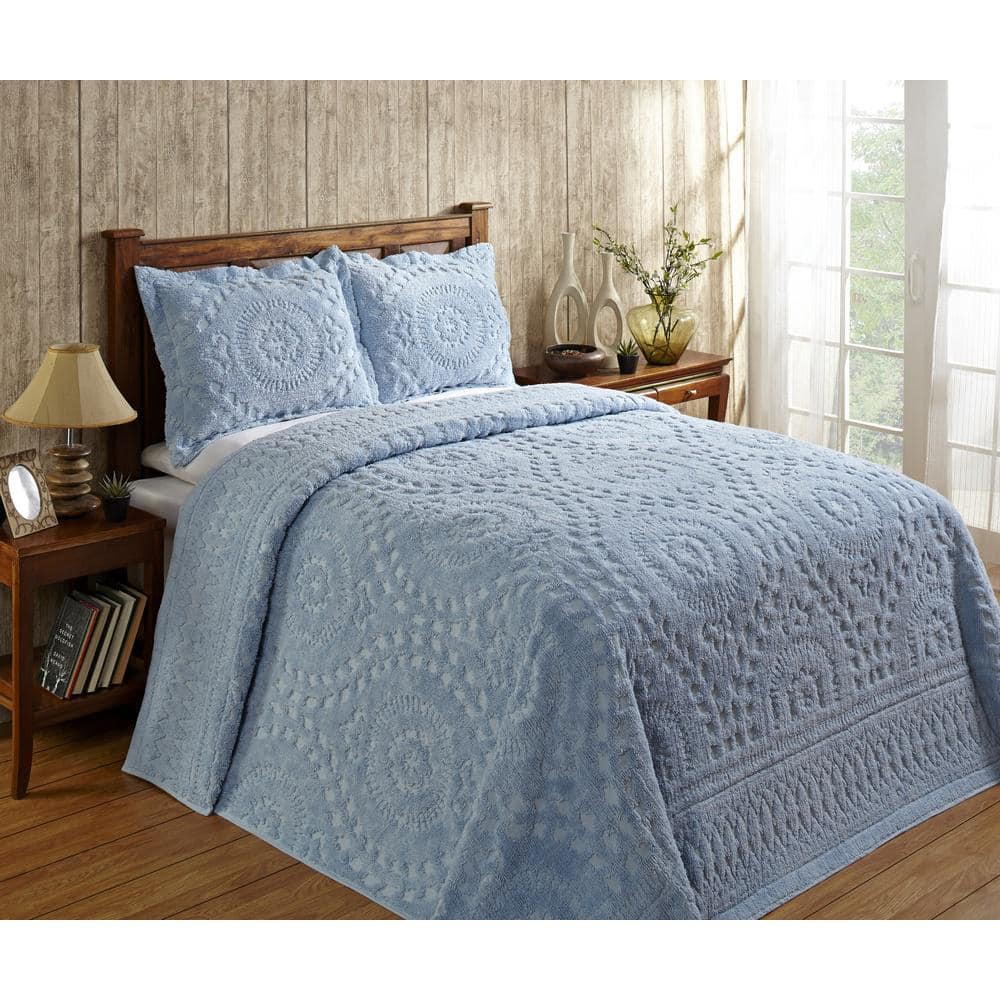 Cotton Tufted Chenille Bedspread Ss, Blue Oversized Queen Bedspreads