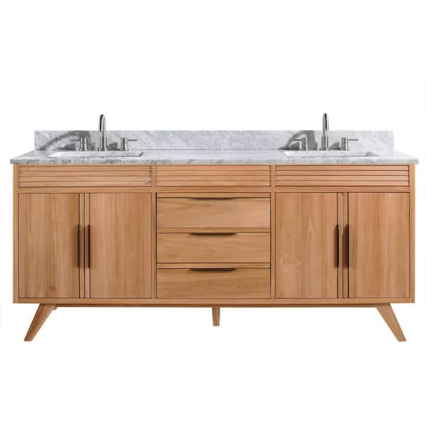 Avanity Taylor 73 in. W x 22 in. D Bath Vanity in Natural Teak with Marble Vanity Top in Carrara White with White Basin