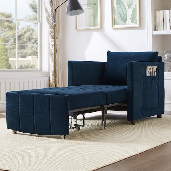 Blue Chenille Arm Chair Convertible Sofa Bed with 5-Position Adjustable Backrest, Side Pockets and a Storage Basket