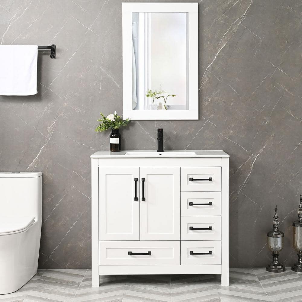 Eclife 36 In W X 183 In D X 34 In H Single Sink Bath Vanity In White With Ceramic Top And