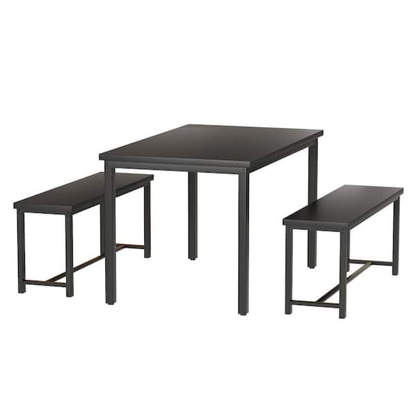 mieres Grondin Industrial Style 3-Piece Rectangle Black MDF Top Bar Table Set Seats 4, Kitchen Dining Room Set with 2 Benches
