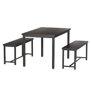 Grondin Industrial Style 3-Piece Rectangle Black MDF Top Bar Table Set Seats 4, Kitchen Dining Room Set with 2 Benches