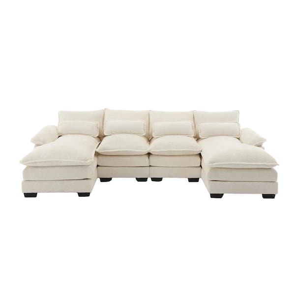 HOMEFUN 110 in. Rolled Arm 4-piece U-Shaped Modular Chenille Boucle Sectional Sofa Couch in Beige with 2-Cushions and 4-Pillows