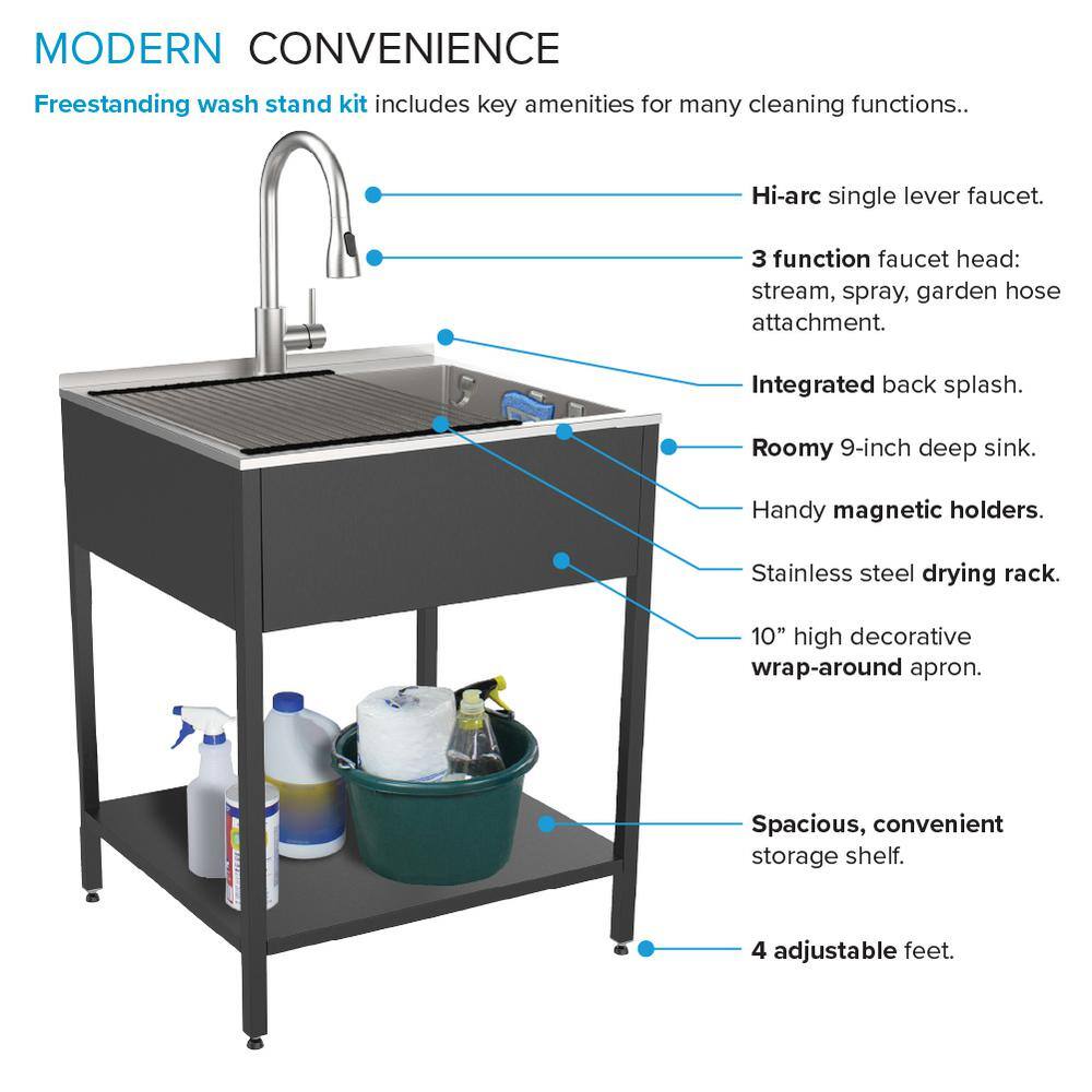 24'' Matte Black Stainless Steel Freestanding Laundry Sink with Washstand