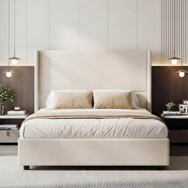 King Size Platform Upholstered Bed Frame with 55.5" Tall Headboard,Wooden Slat Support,No Box Spring Needed