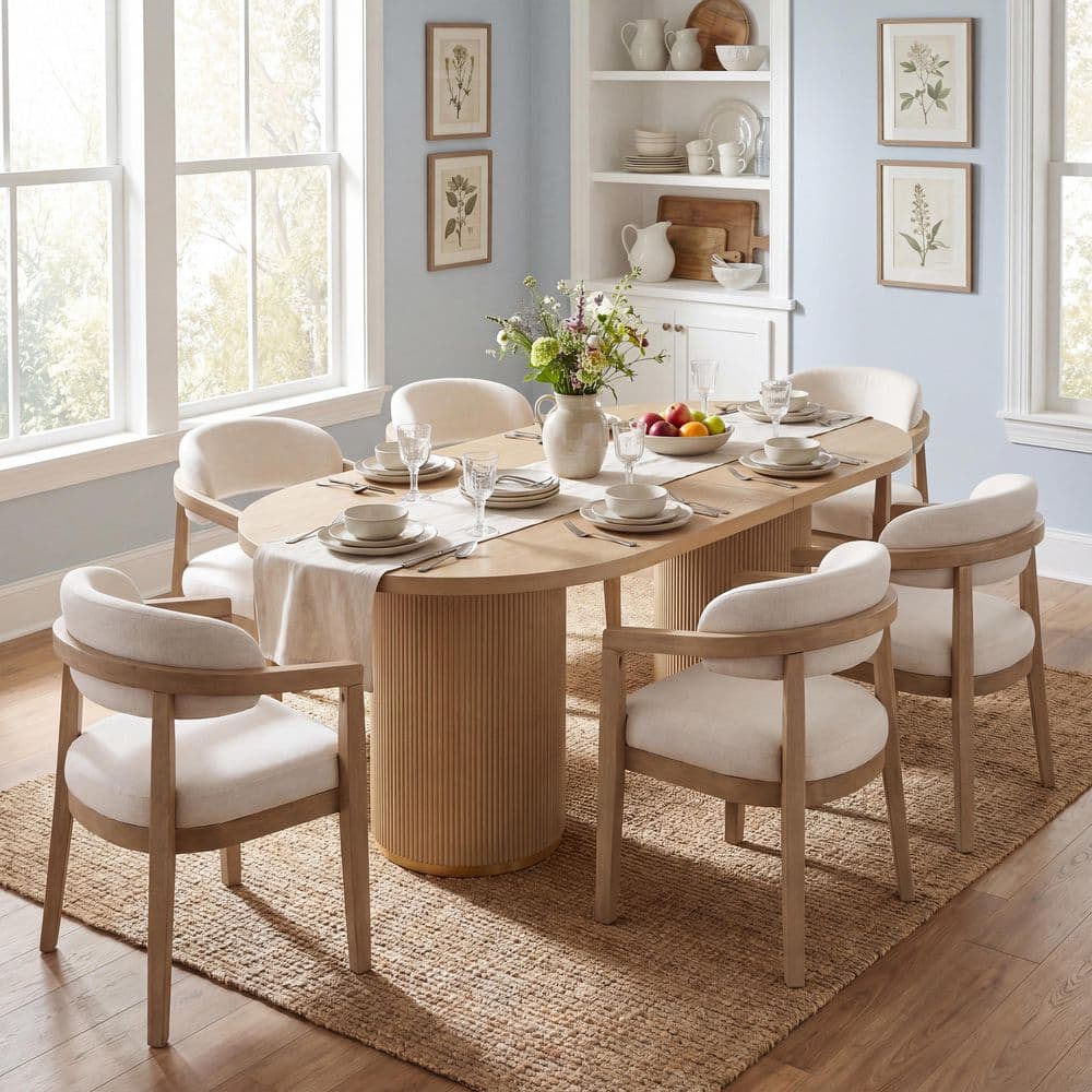 Eliza 7-Piece Wood Top Dining Set with Beige Fabric Upholstered Dining Chairs, Light Ash Dining Table, Seats 6
