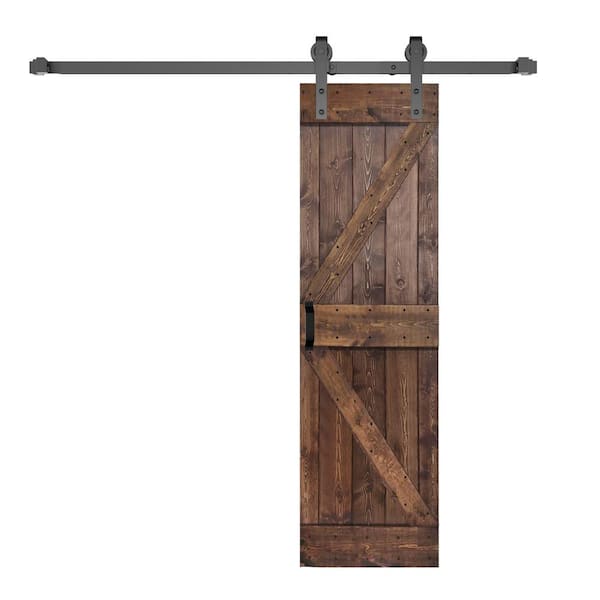 ISLIFE K Style 28 in. x 84 in. Dark Walnut Finished Soild Wood Sliding Barn Door with Hardware Kit - Assembly Needed