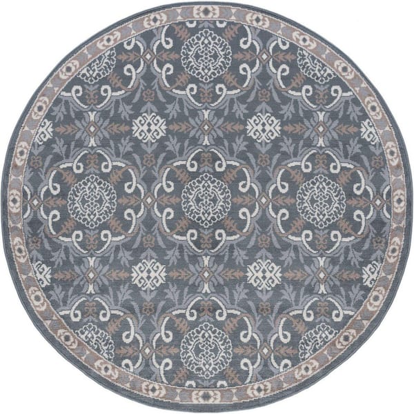 Tayse Rugs Hampton Brocade Gray 8 ft. Round Indoor Area Rug