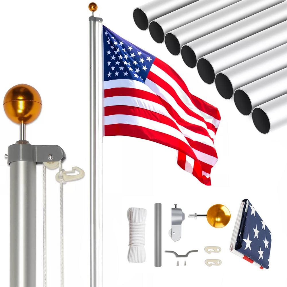 ATENGNES 30 ft. Heavy Duty Sectional Aluminum Extra Thick Flagpole Kit with 5 x 3 US Flag for Outside House in Ground