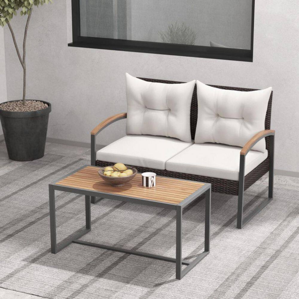 2-Piece Rattan Wicker Patio Conversation Set with White Cushions and Acacia Wood Coffee Table / Armrest price history on PriceWatchPro