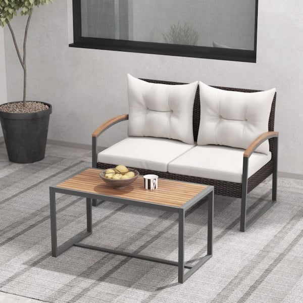 Kadehome 2-Piece Rattan Wicker Patio Conversation Set with White Cushions and Acacia Wood Coffee Table / Armrest