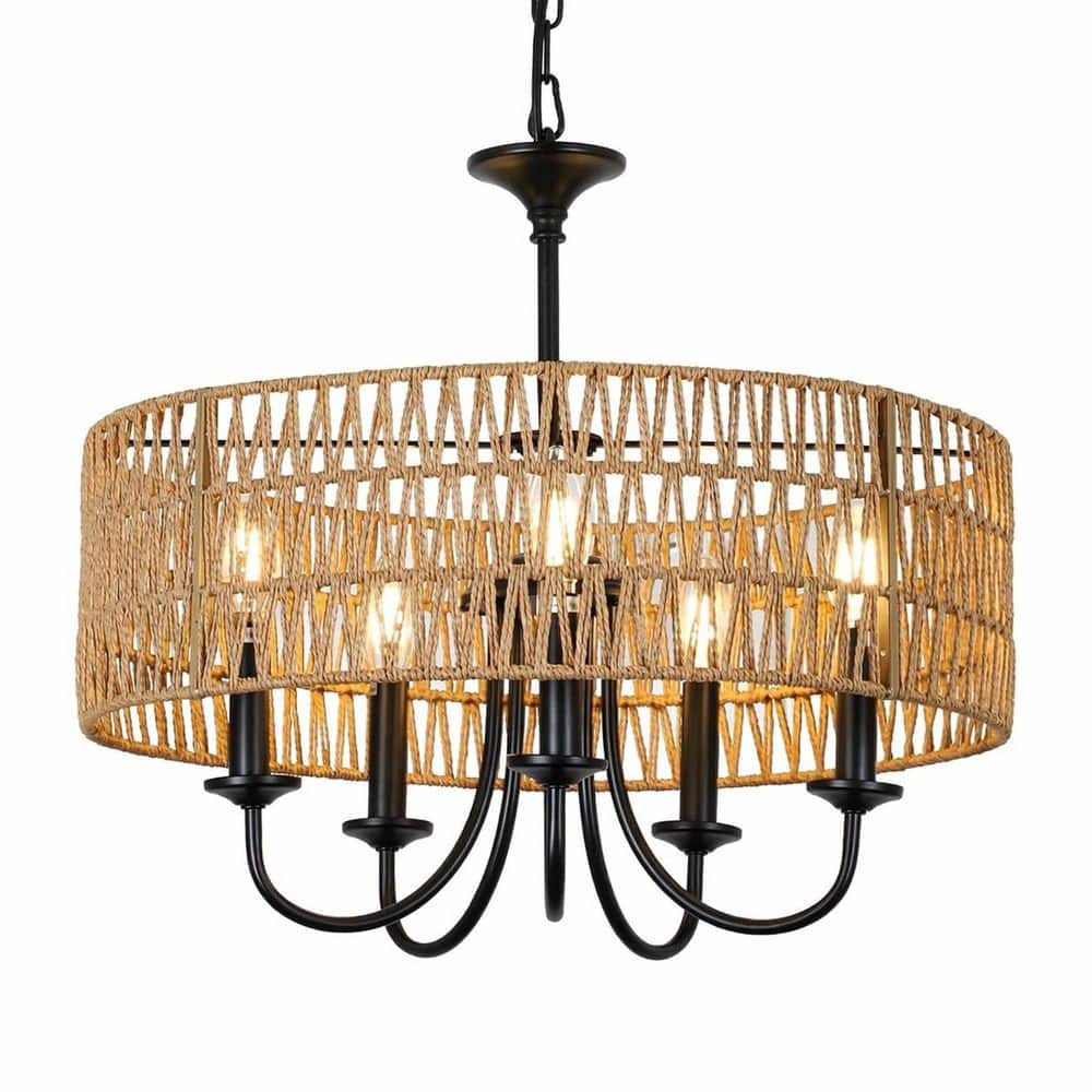 5-Light Modern Farmhouse Rattan Drum Chandelier, Boho Pendant Light for Dining Room Living Room Kitchen Island price history on PriceWatchPro