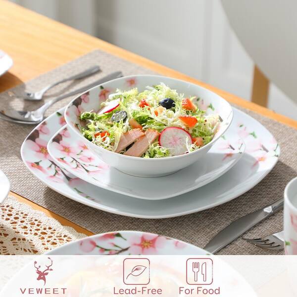 VEWEET 48-Piece Pink Floral Ivory White Porcelain Dinnerware (Set