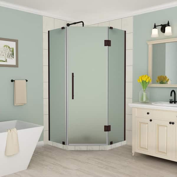 Aston Merrick 36 in. to 36.5 in. x 72 in. Frameless Neo-Angle Hinged Shower Enclosure with Frosted Glass in Bronze