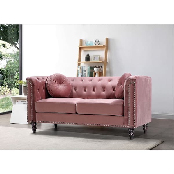 Us Pride Furniture Vivian 75 98 In Rose Classic Velvet 3 Seats Chesterfield Sofa With Nailheads Pink