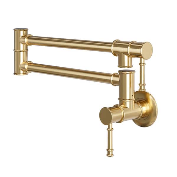 1.8 GPM Wall Mounted Foldable Kitchen Pot Filler with Double Handle in Brushed Gold