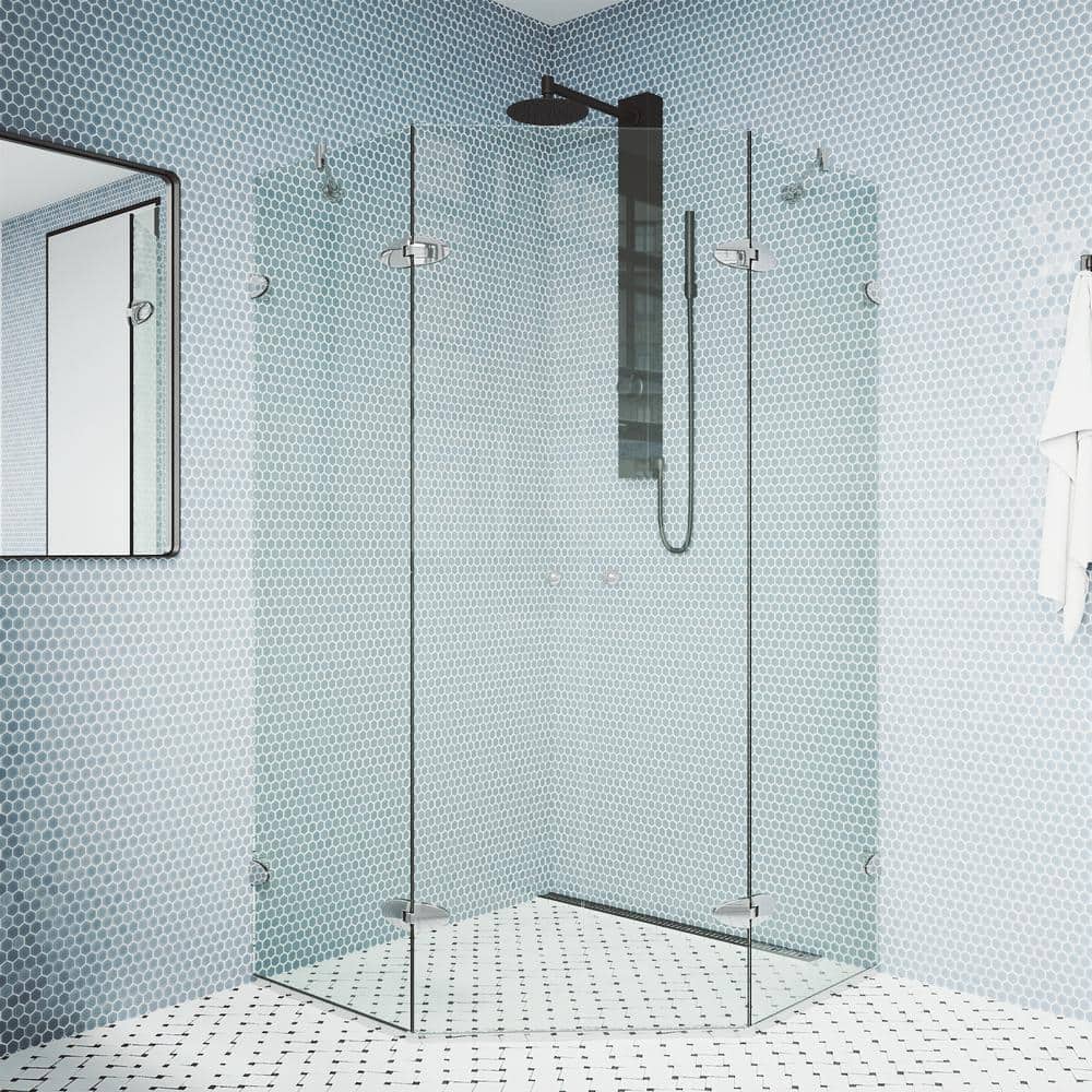 Gemini Frameless Neo-Angle Clear Glass Shower Enclosure with Brushed Nickel Hardware