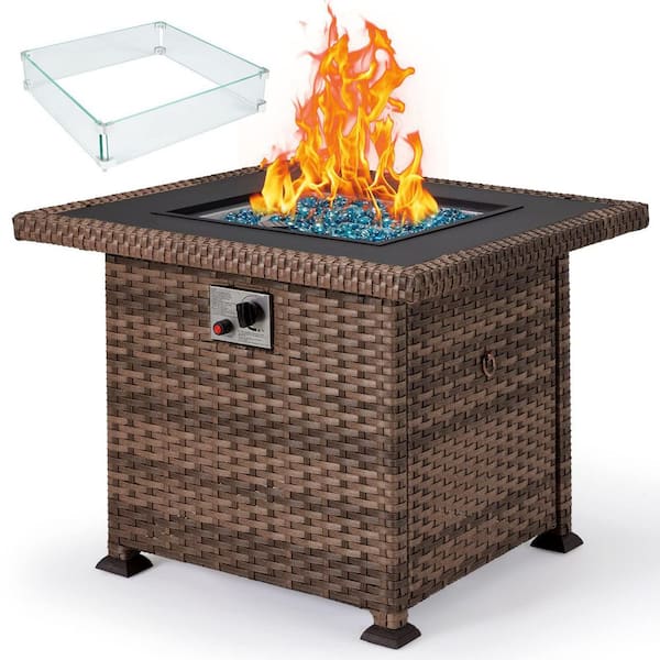 Zeus & Ruta 32.1 in. Square Wicker Fire Pit Table with Glass Wind Guard