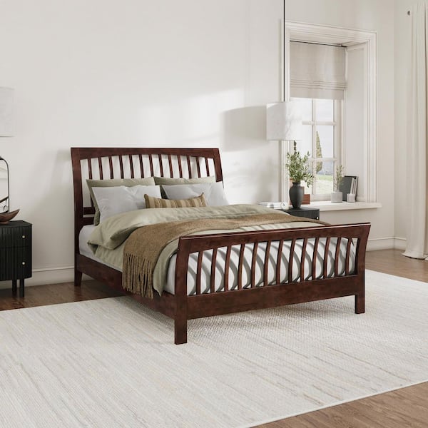 Orleans Walnut Brown Solid Wood Frame Queen Low Profile Sleigh Platform Bed with Matching Footboard