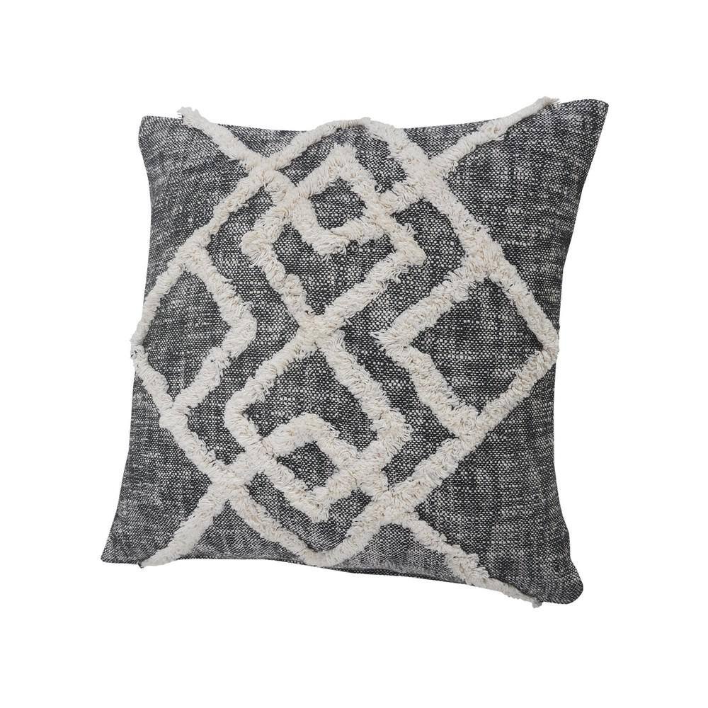 Black and Cream Tufted Geometric Diamond Square Throw Pillow, 20"
