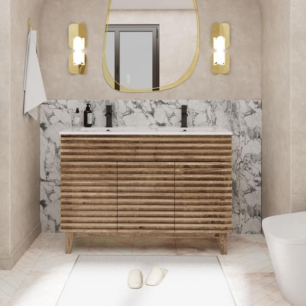 48 in. W x 17.7 in. D x 33.5 in. H Double Sink Freestanding Bath Vanity in Oak with White Resin Top and Drain Faucet Set