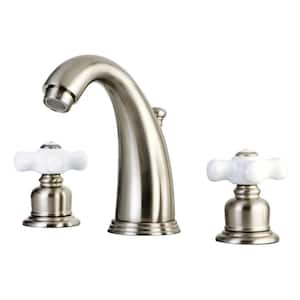 English Country 2-Handle 8 in. Widespread Bathroom Faucets with Plastic Pop-Up in Brushed Nickel