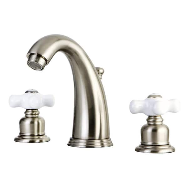 Kingston Brass English Country 2-Handle 8 in. Widespread Bathroom Faucets with Plastic Pop-Up in Brushed Nickel