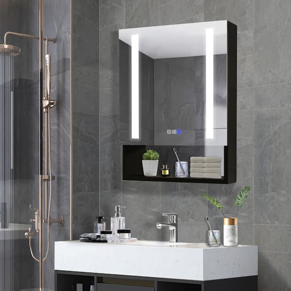 Lonni 20 in. W x 28 in. H Rectangular Black Aluminum Recessed/Surface Mount Left Dimmable Medicine Cabinet with Mirror