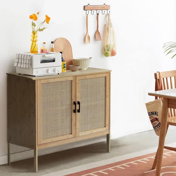 Yellow Bamboo 31.4 in. W Accent Cabinet Office Storage Cabinet Sideboard with Rattan Doors