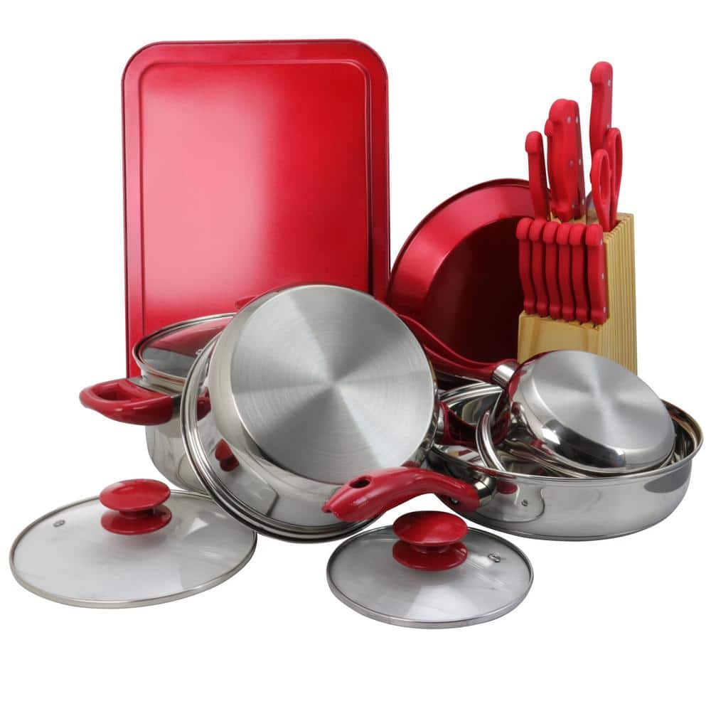 MegaChef 22-Piece Red Non-Stick Stainless Steel Cookware Set
