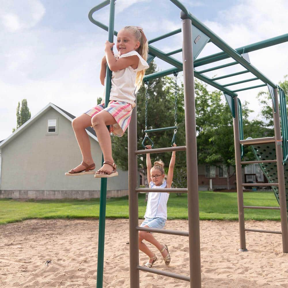 Green and Brown Metal Monkey Bar Swing Set with Slide