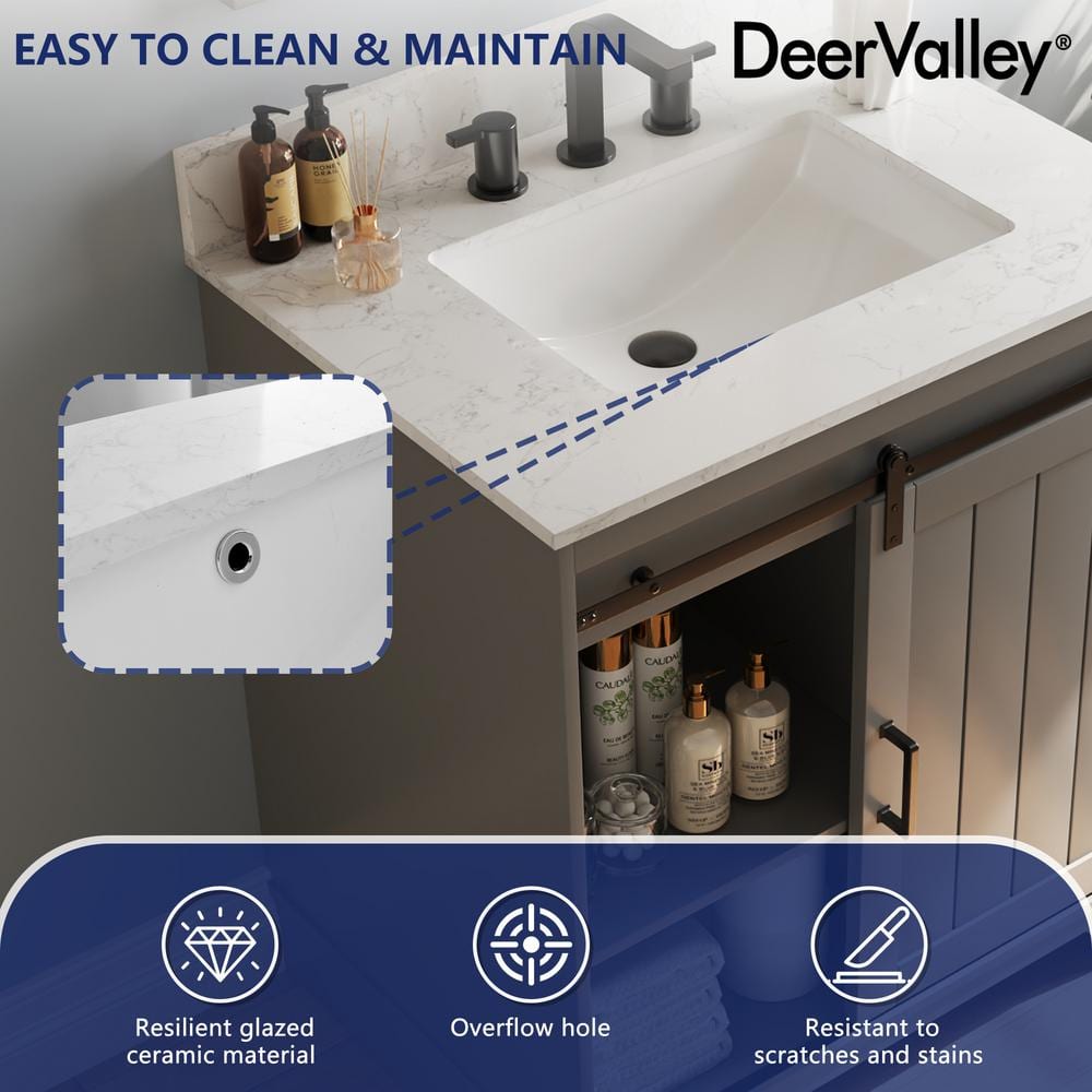 Gray 30" Freestanding Bathroom Vanity with Ceramic Sink and Storage Baskets