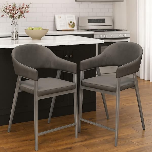 Arie 39 in. H Gray and Brushed Silver Low Back Metal Bar Stool with Faux Leather (Set of 2)