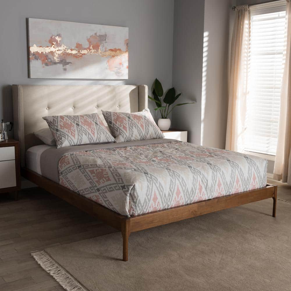 Brooklyn Mid-Century Walnut Wood Upholstered Full Bed with Tufted Headboard