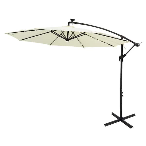 FLAME&SHADE 10 ft. Steel Cantilever Solar Lighted Patio Umbrella with Cross Base Stand in Ivory Solution Dyed Polyester