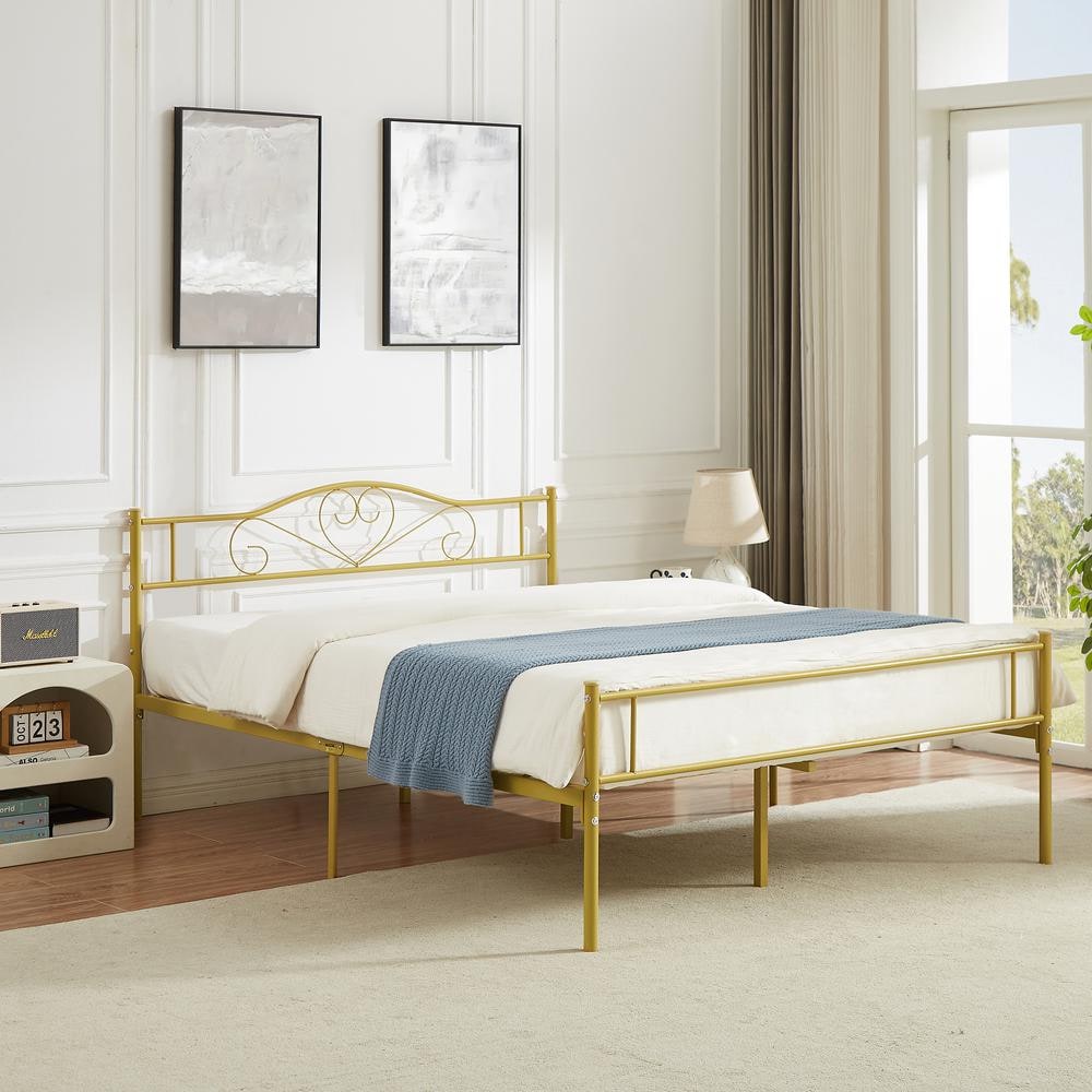 Full Bed Frame Gold Platform Bed No Box Spring Needed Heavy Duty Steel Slats Support Bed