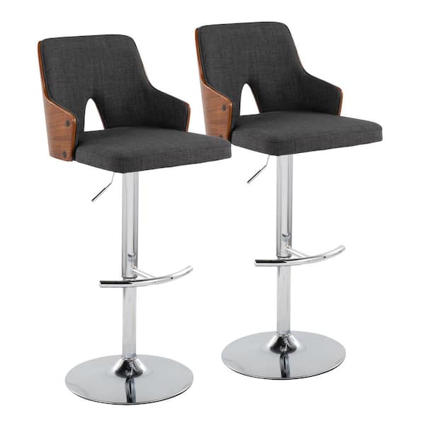Lumisource Stella 34 in. Charcoal Fabric, Walnut Wood and Chrome Metal Adjustable Bar Stool with Rounded T Footrest (Set of 2)