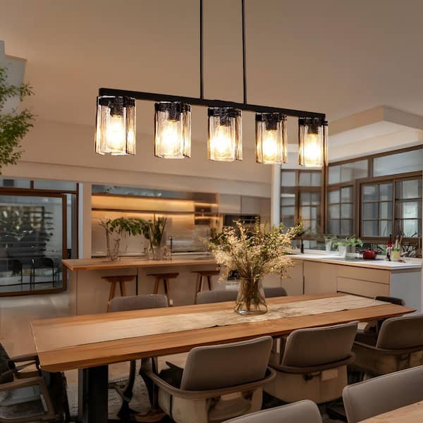 Modern Black 5-Light Linear Island Chandelier with Hammered Glass Shades for Dining Living Room, Kitchen