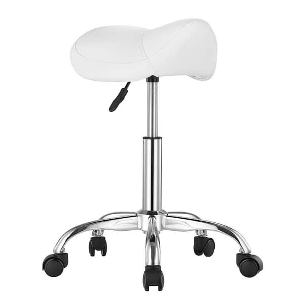 Saddle Stool with Wheels,450 lbs. Weight Capacity Ergonomic Rolling Stool,Thickened PU Leather Swivel Saddle Chair,White