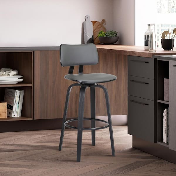 Armen Living Pico Swivel 30 in. Grey, Black Metal, Wood Bar Stool with Grey Faux Leather Seat