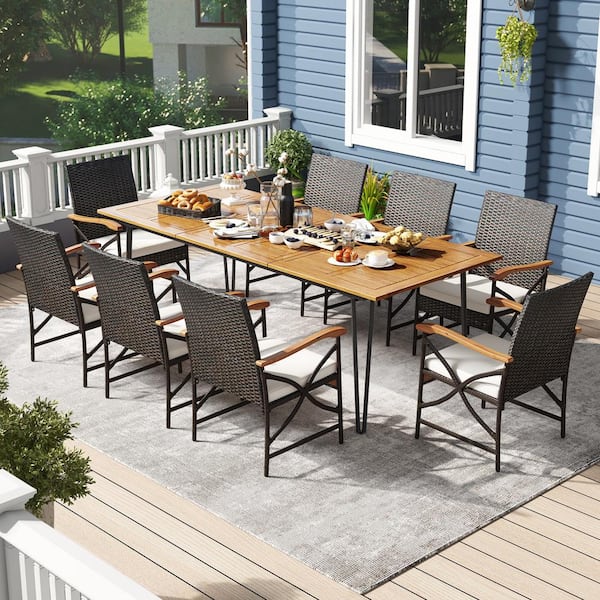 9-Piece Acacia Wood Metal Patio Outdoor Dining Set with Off-white Cushions, 86-1/2 in. L Table with Umbrella Hole