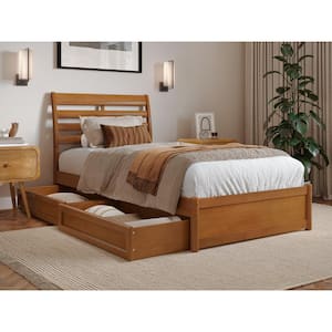 Emelie Light Toffee Natural Bronze Solid Wood Frame Twin XL Platform Bed with Panel Footboard and Storage Drawers