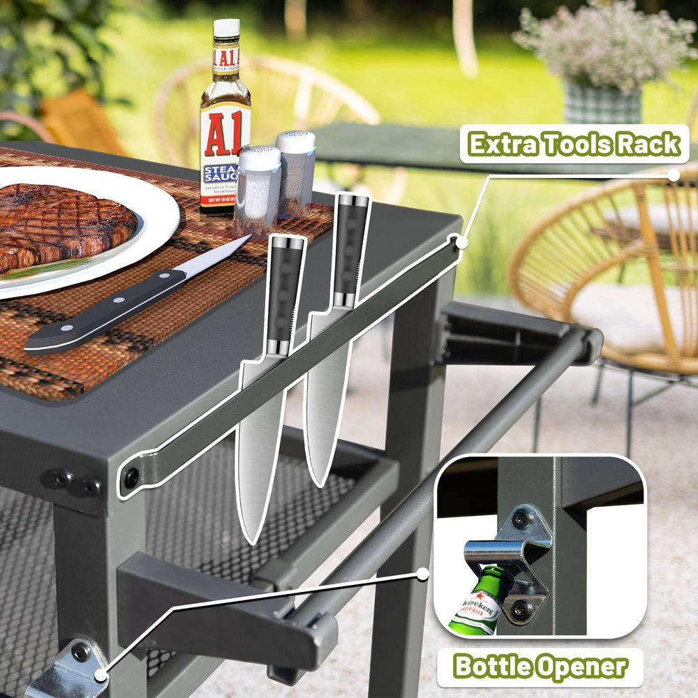 Gray Stainless Steel 3-Shelf Outdoor Grill Cart with Wheels